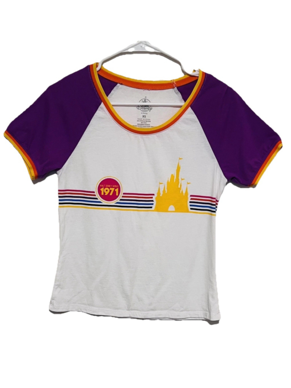 Disney Parks Retro Ringer Tee 1971 Womens XS Castle Disney World Groovy 70s Vibe